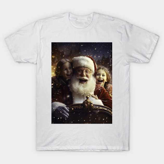 Santa Claus with two girls posing for picture - Christmas Design T-Shirt by Maverick Media